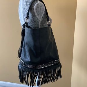Black Boutique Shoulder Bag w/Rhinestone and Fringe Trim